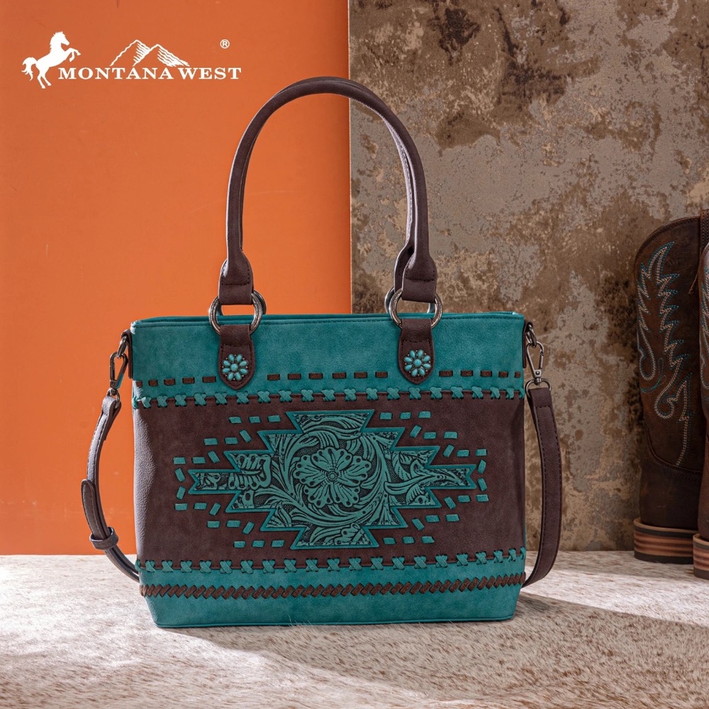 Montana West Western Tooled Aztec Concealed Carry Tote/Crossbody Turquoise